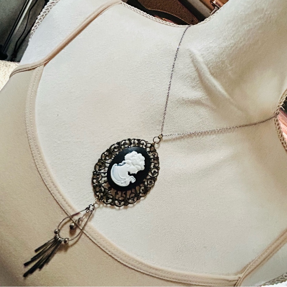 Handcrafted black and white Victorian lady cameo pendant on chain necklace